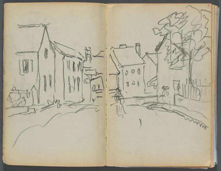 Sketchbook- The Granite Shore Hotel, Rockport, page 004 & 5: Street Scene by Maurice Prendergast