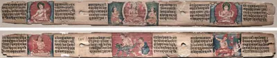 Folio 348 from a Gandavyuha-sutra (Scripture of the Supreme Array): Bodhisattva Manjushri with two forms of Avalokiteshvara (recto); Bodhisattva Samantabhadra purifies the path to enlightenment, with Manjushri (verso)