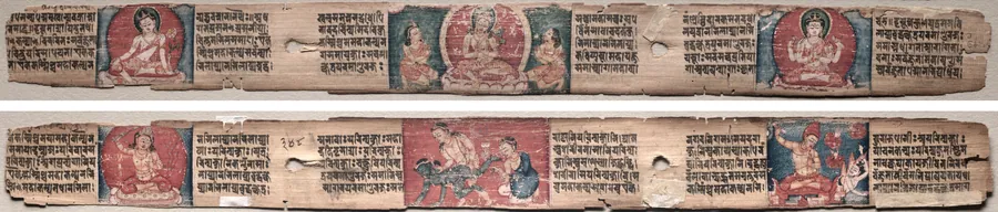 Folio 348 from a Gandavyuha-sutra (Scripture of the Supreme Array): Bodhisattva Manjushri with two forms of Avalokiteshvara (recto); Bodhisattva Samantabhadra purifies the path to enlightenment, with Manjushri (verso)