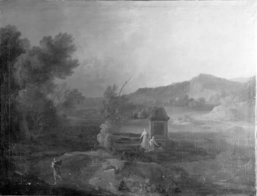 Et landskab med bjerge, en flod og et stort monument by Ubekendt