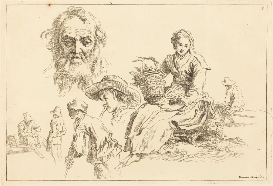 Figure Studies including Bearded Face of an Old Man by François Boucher