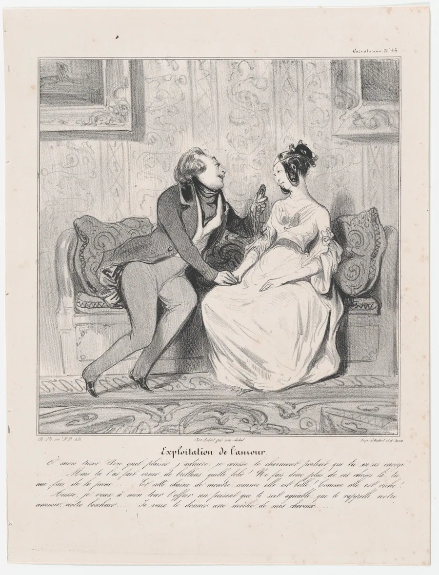 Plate 45: Exploitation of love, from 'Caricaturana,' published in Les Robert Macaires by Charles Philipon