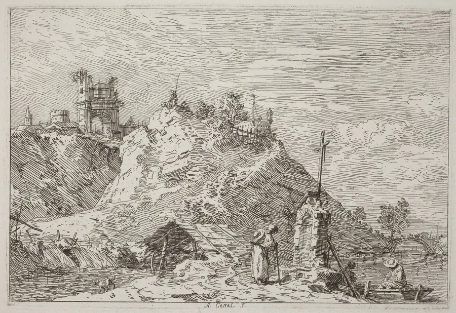 Landscape with the Pilgrim at Prayer [upper left] by Canaletto