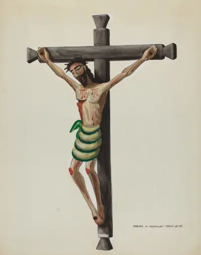 Cristo, Carved and Painted, on Black Carved Wooden Cross