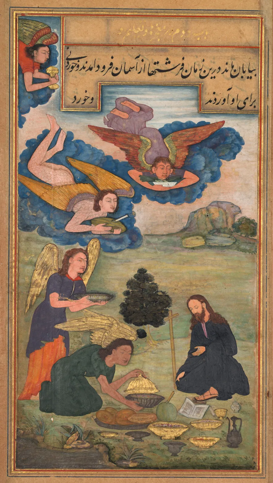 Angels bring food to Jesus in the wilderness (folio 55 recto), from a Mirror of Holiness (Mir’at al-quds) of Father Jerome Xavier by Muhammad Sharif