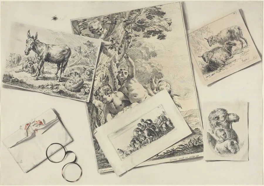Trompe l'Oeil: Old Prints, a Torn Envelope with Horn-rimmed Glasses, and a Housefly by Jean-Pierre-Xavier Bidauld