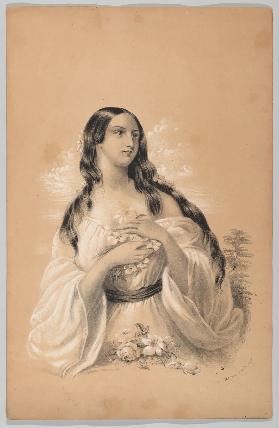 Woman Holding Flowers, in The New York Drawing Book, Containing a Series of Original Designs and Sketches of American Scenery, No. 2 by W. H. Graham