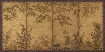 Mimosa tree, poppies and other summer flowers 合歓木芥子図屏風