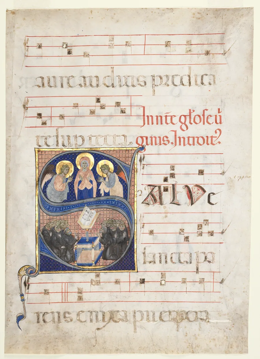 Initial S[alve sancta parens] with the Virgin Adored by Angels, and Singing Benedictine Monks:  Single Leaf from a Gradual