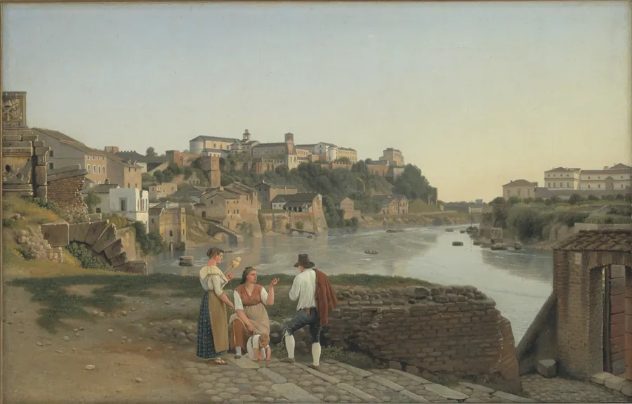 Udsigt over Tiberen mod Avertinerhøjen i Rom by C.W. Eckersberg