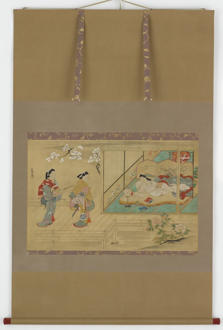 Beauty reclining as visitors approach by Tamura Suio (active 1680-1730)