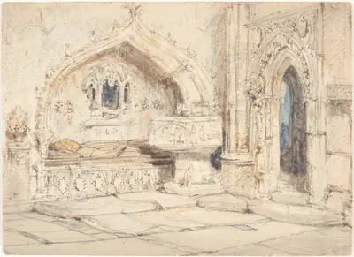 Interior of a Church with a Wall Tomb and Medieval Font