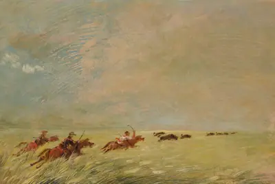 Bogard, Batiste, and I Chasing Buffalo in High Grass on a Missouri Bottom