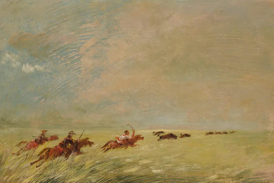Bogard, Batiste, and I Chasing Buffalo in High Grass on a Missouri Bottom by George Catlin, born Wilkes-Barre, PA 1796-died Jersey City, NJ 1872