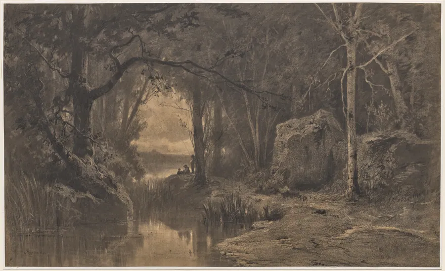 Three Fishermen Along the Banks of a River at the Edge of a Forest by Adolphe Appian