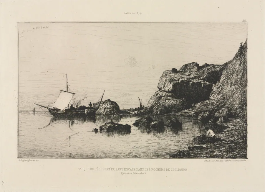 Fishing boat making a port of call at the rocks of Collioure by Adolphe Appian