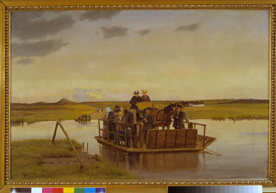 En færge over Gudenåen by Hans Smidth