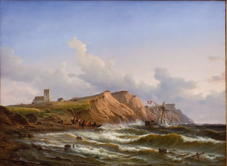 Skibbrud efter en storm ved Jyllands vestkyst ud for Ferring Kirke by C.F. Sørensen