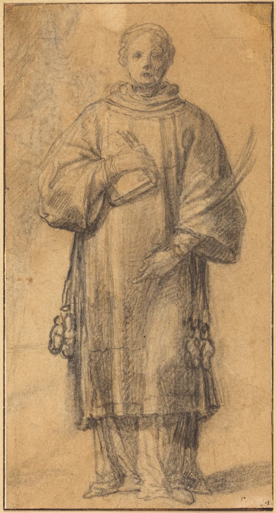 A Standing Saint Holding a Book and a Palm Frond by Spanish 17th Century