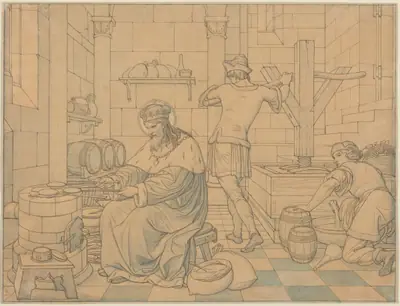 Saint Wenzel Cooking Hosts as Two Youths Press Wine