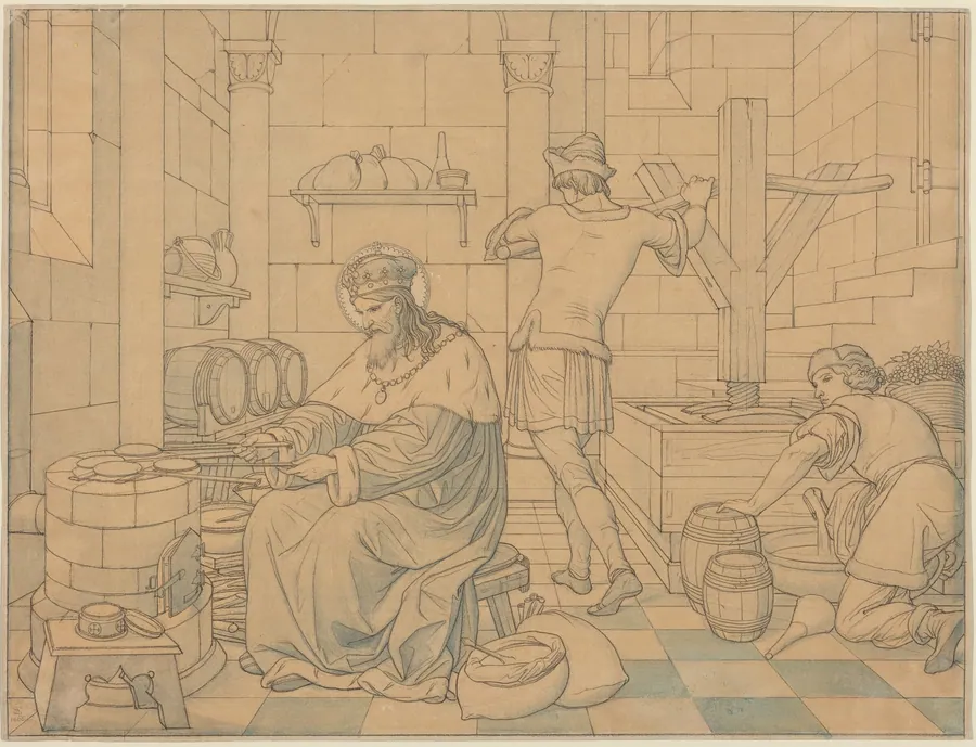 Saint Wenzel Cooking Hosts as Two Youths Press Wine by Edward Jakob von Steinle