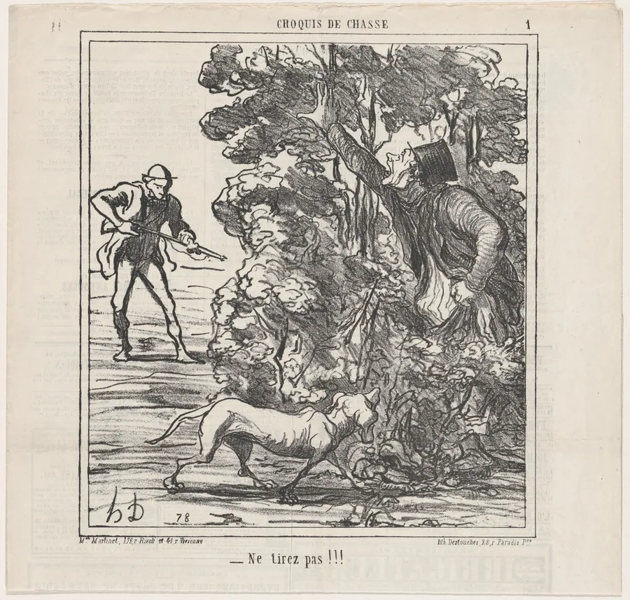 Don't shoot!!!, from 'Hunting sketches,' published in Le Charivari, September 4, 1865 by Aaron Martinet