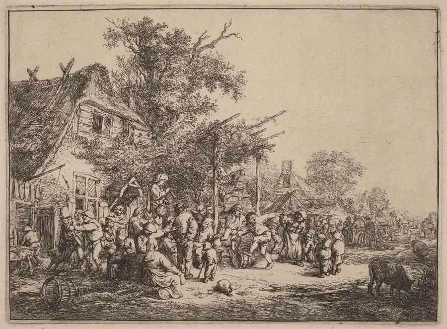 Village Kermesse with Peasants Feasting Under a Pergola by Adriaen van Ostade