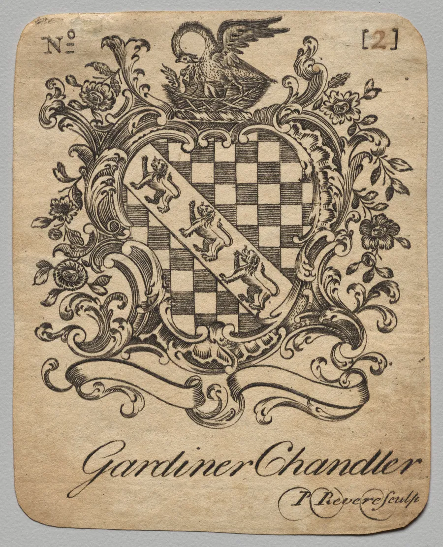 Bookplate:  Coat of Arms with Gardiner Chandler inscribed below by Paul Revere II