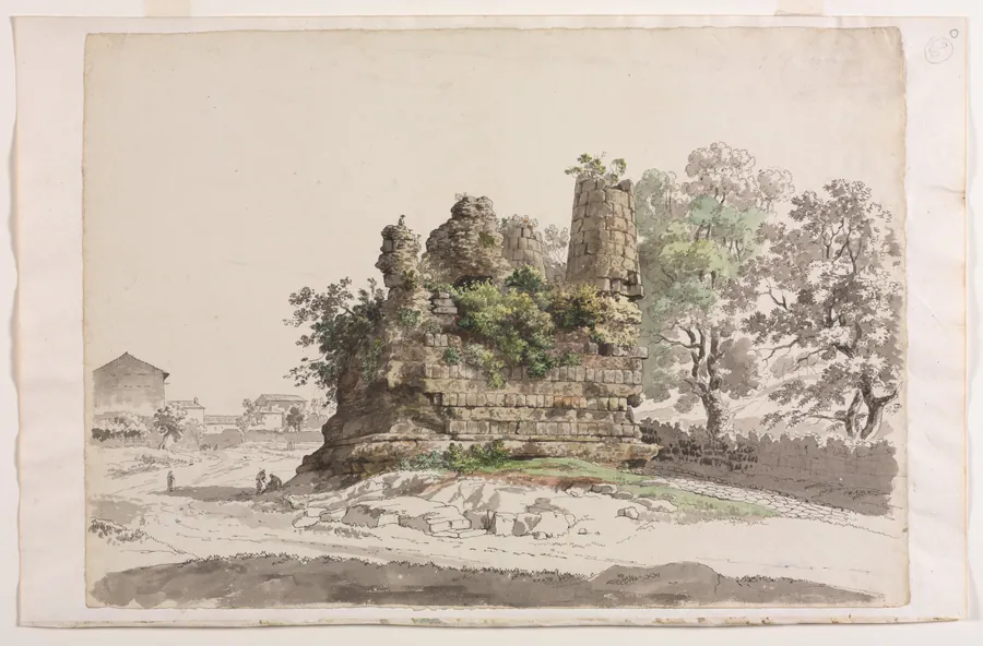 The So-Called Sepulcher of the Curiatii Brothers at Albano, with the Church of the Madonna della Stella in the distance at left by Carlo Labruzzi