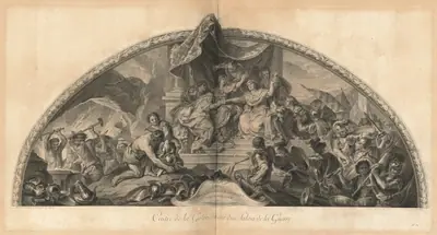 Alliance de l'Allemagne et de l'Espagne avec la Hollande 1672 Cintre de la Gallerie du côté du Salon de la Guerre (Alliance of Germany and Spain with Holland 1672, Center of the Gallery next to the Salon of War) [pl. 31]