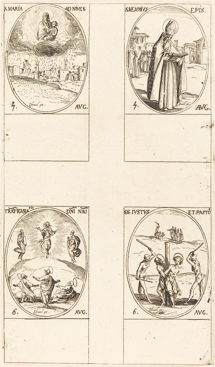 St. Mary of Snow; St. Memmius, Bishop; The Transfiguration; Sts. Justus and Pastor by Jacques Callot