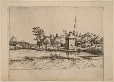 Country Village with Church and Bridge