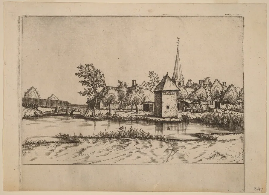 Country Village with Church and Bridge by Johannes van Doetechum the Elder
