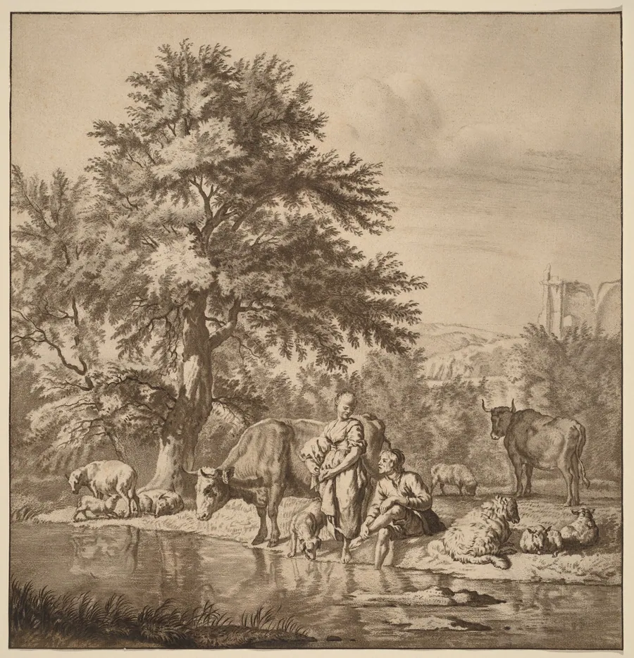 Shepherd and Shepherdess with Their Flock by Cornelis Ploos van Amstel