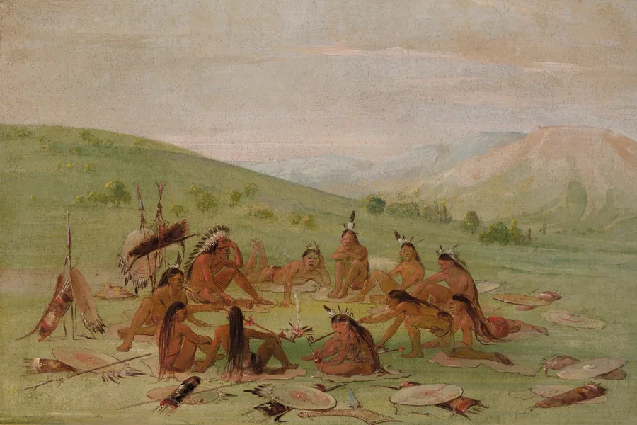 Foot War Party in Council, Mandan by George Catlin, born Wilkes-Barre, PA 1796-died Jersey City, NJ 1872