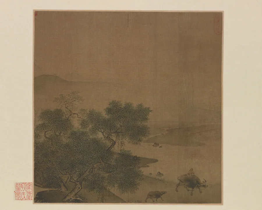 Water buffalo, calf, and herdboy 牧牛圖 by Follower of Li Tang 李唐 (ca. 1050s-after 1130)