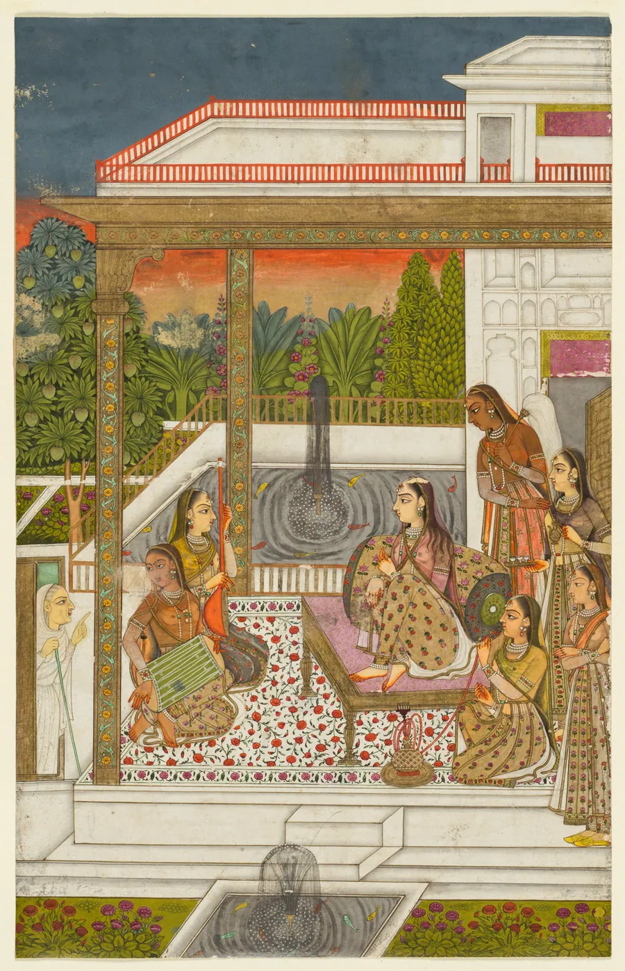 A princess with attendants on a terrace