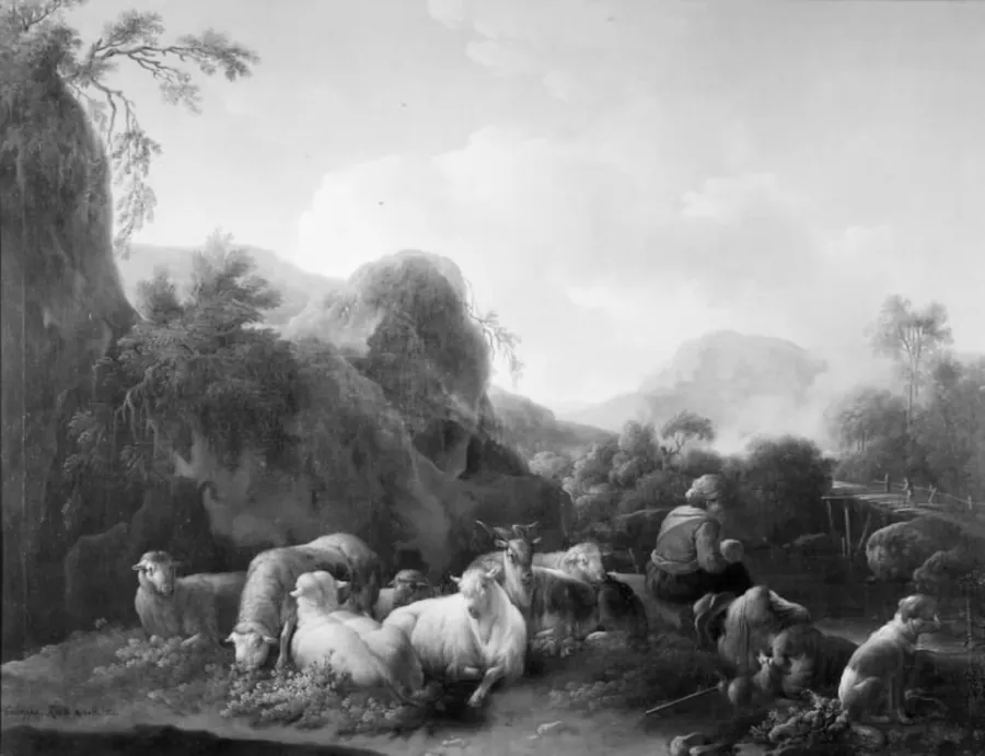 Hyrdefamilie i bjergrigt landskab by Joseph Roos (I)