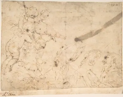 Three Putti Holding Cross Before Two Male Saints