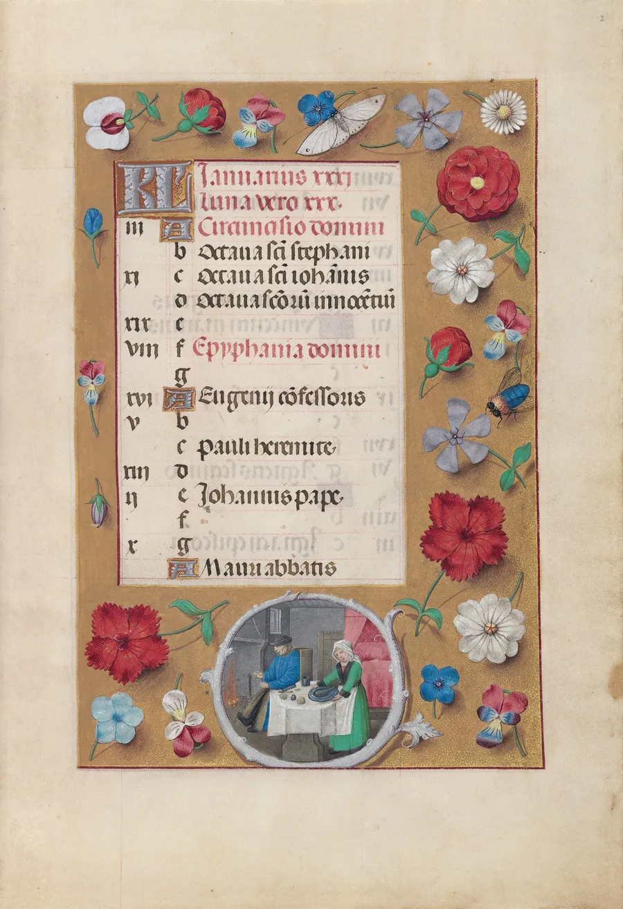 Hours of Queen Isabella the Catholic, Queen of Spain:  Fol. 2r, January - Feast by Master of the First Prayerbook of Maximillian