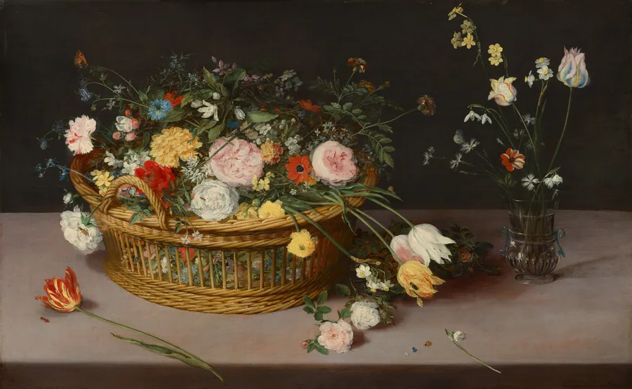 Flowers in a Basket and a Vase by Jan Brueghel the Elder