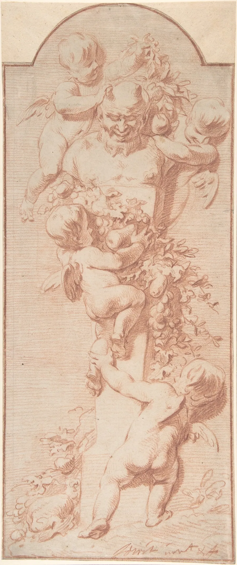 Design for a Panel with Four Putti Decorating a Herm (Terminal Figure) with Garlands of Fruit and Foliage by Jacob de Wit