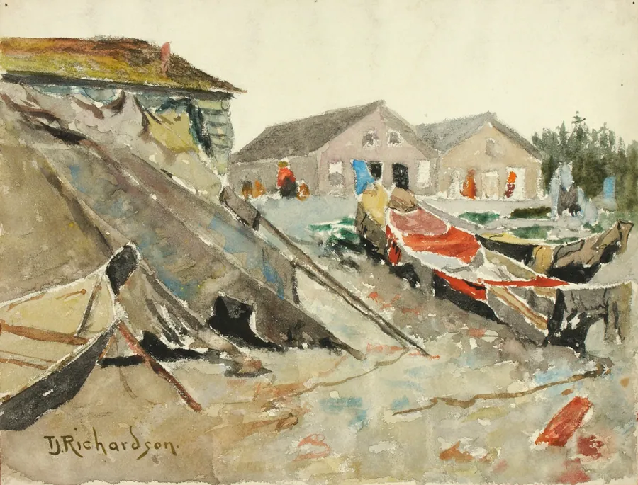Drying Blankets over Canoes by Theodore J. Richardson, born Readfield, ME 1855-died Minneapolis, MN 1914