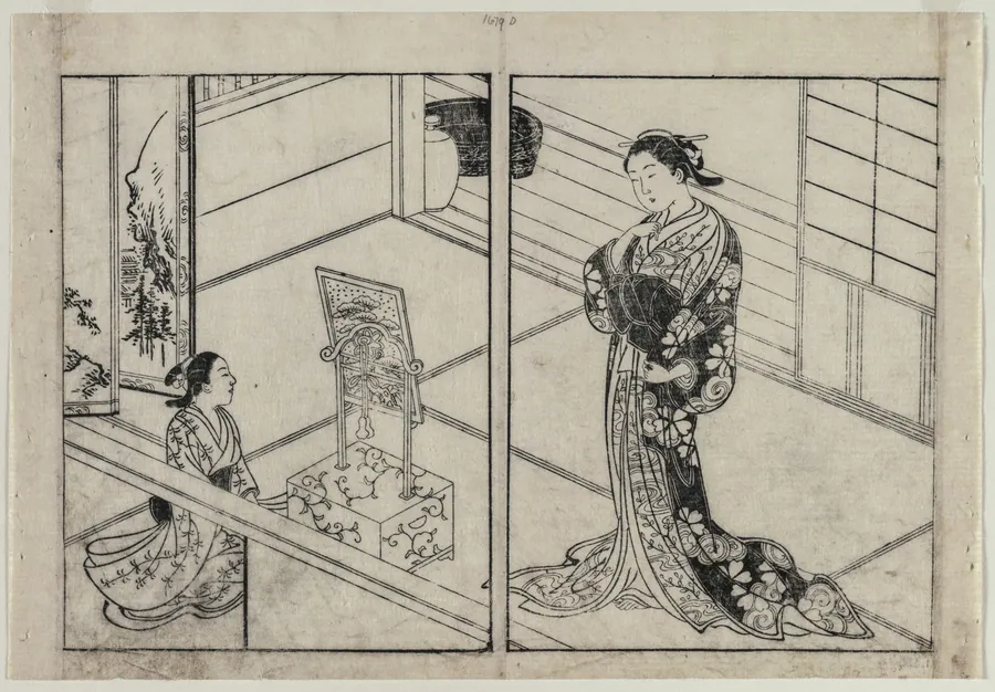 Woman and Child Beside a Mirror Stand by Nishikawa Sukenobu