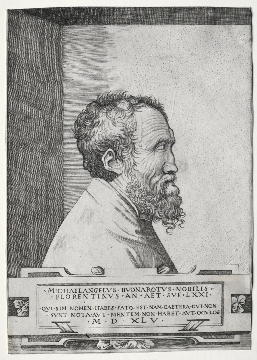 Portrait of Michelangelo in profile facing right by Giulio Bonasone