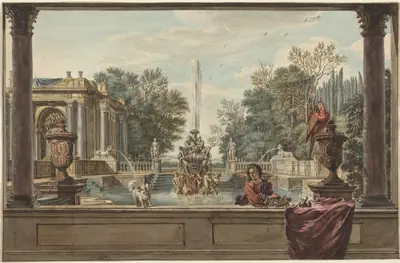 An Italianate Garden with a Parrot, a Poodle, and a Man