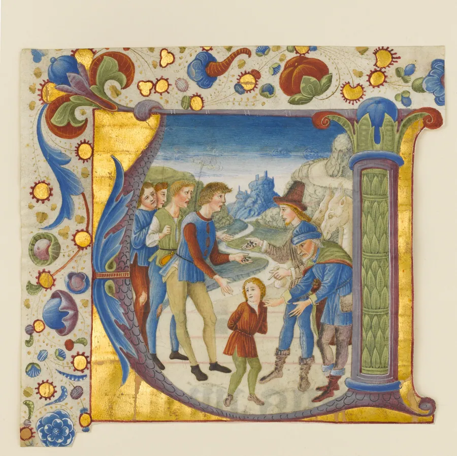 Manuscript Illumination with Joseph Sold by His Brothers in an Initial V, from an Antiphonary by Giovanni Pietro da Cemmo