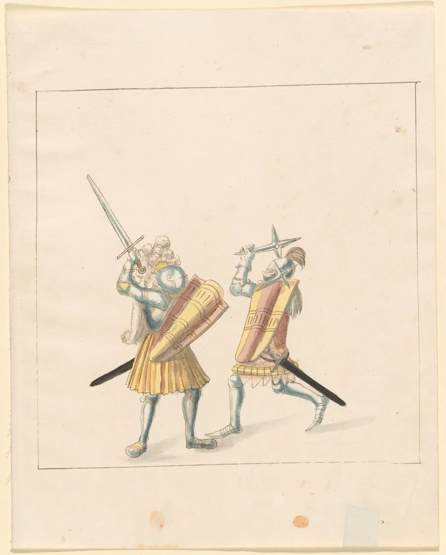 Foot Combat with Swords, Throwing Stars, and Shields (Tartschen) by German 16th Century