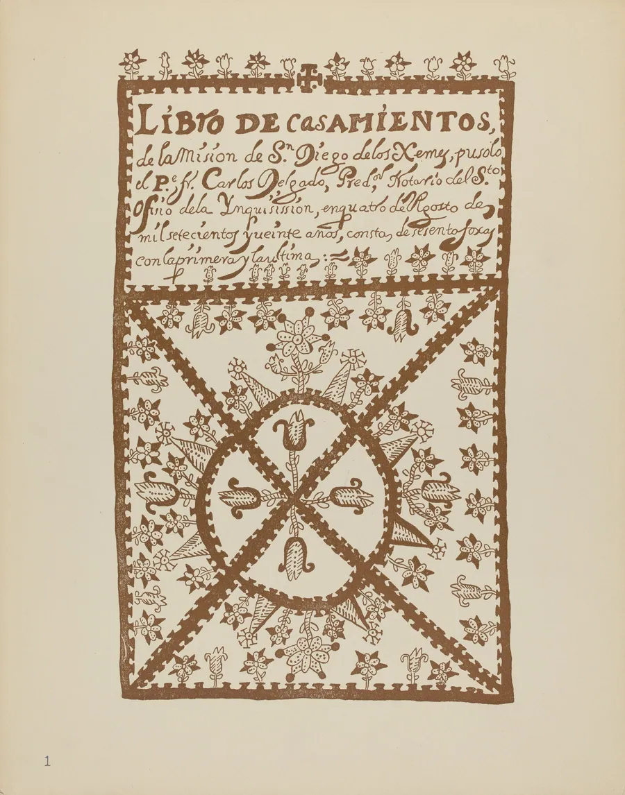Plate 1: Jemez Book of Marriages: From Portfolio "Spanish Colonial Designs of New Mexico" by American 20th Century