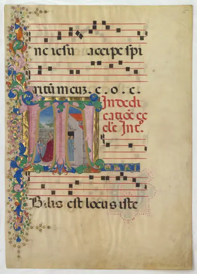 Manuscript Leaf with the Dedication of a Church in an Initial T, from a Gradual